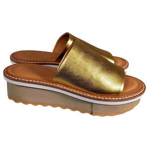 Clergerie Fastsp Leather Platform Slide Sandals Gold Womens 38.5/US 8
